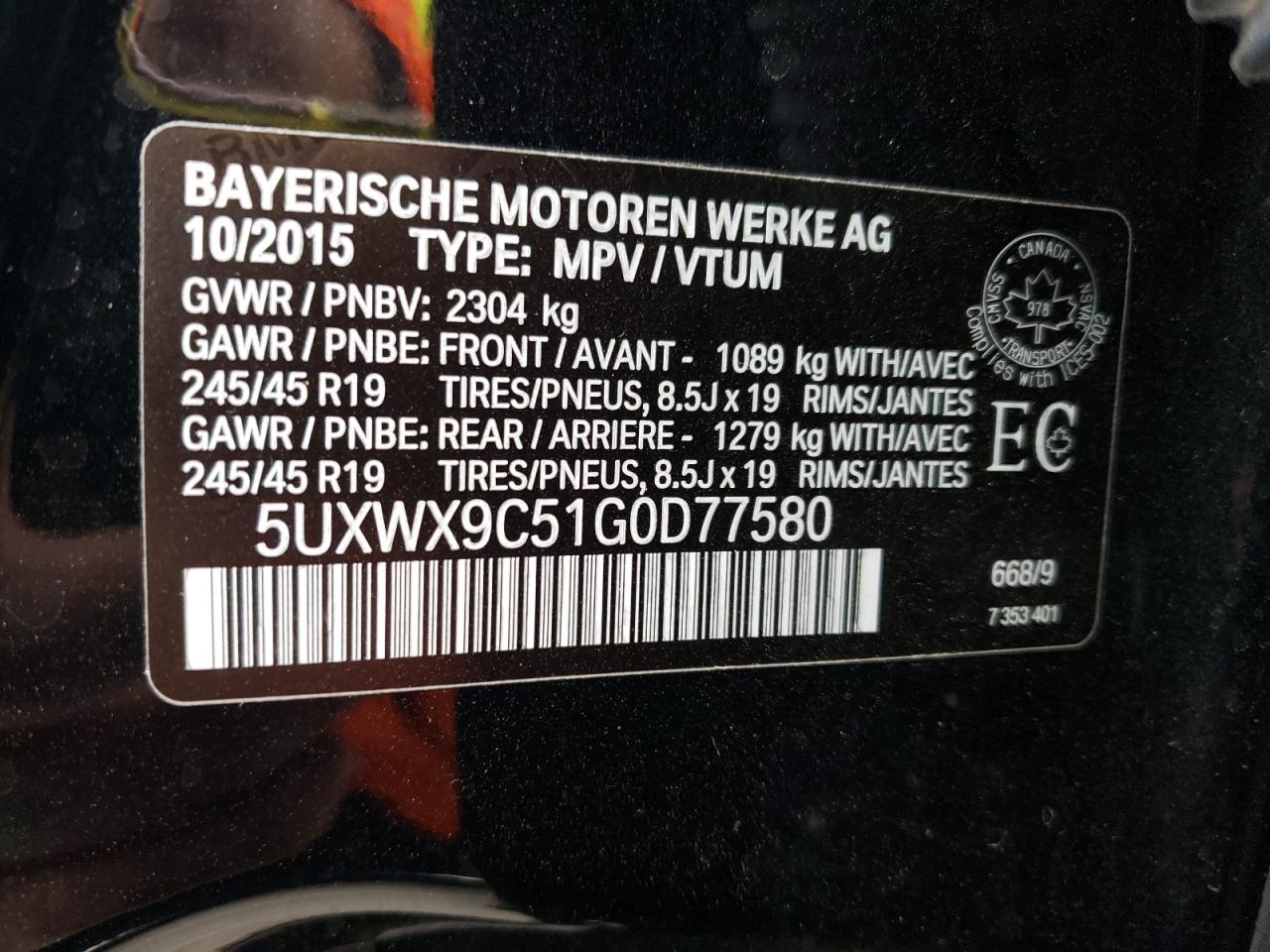 2016 BMW X3 xDrive28I VIN: 5UXWX9C51G0D77580 Lot: 68692662