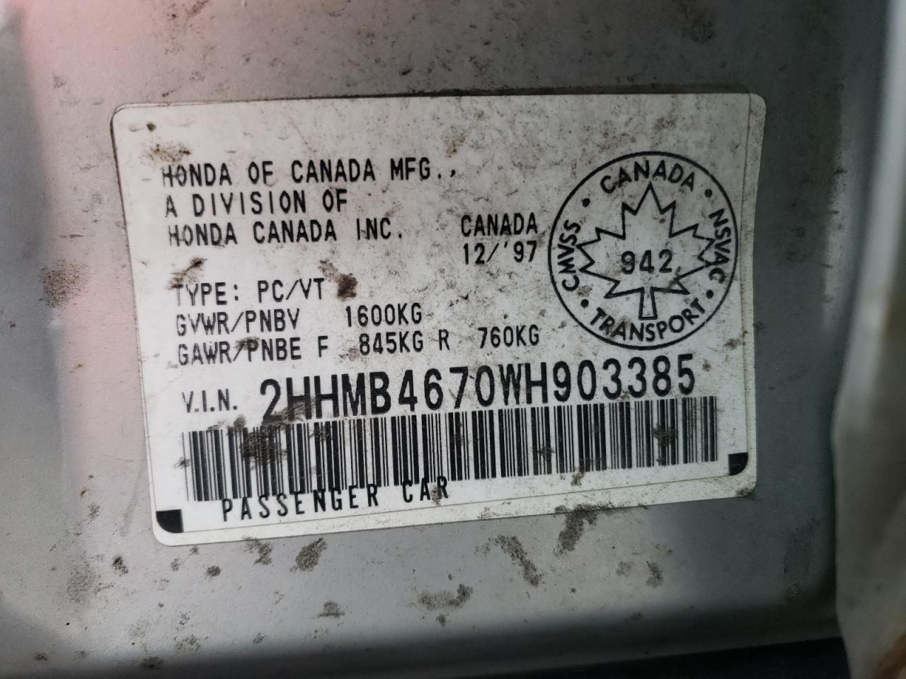 1998 Acura 1.6El Premium VIN: 2HHMB4670WH903385 Lot: 68779702