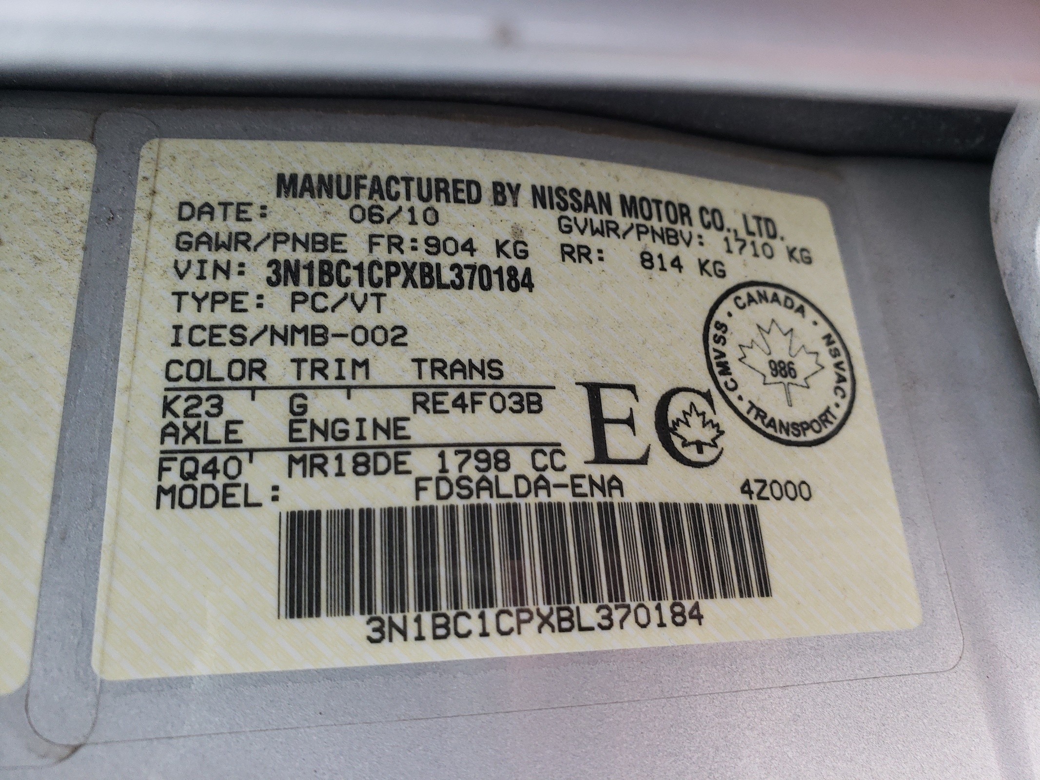 3N1BC1CPXBL370184 2011 Nissan Versa S