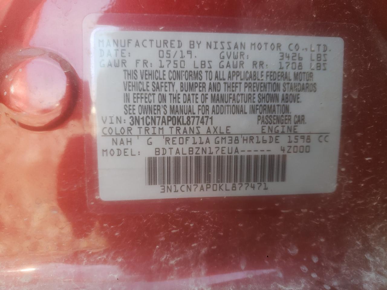 3N1CN7AP0KL877471 NISSAN VERSA 2019
