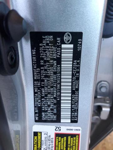 VIN: 4T1B11HK1KU261064 Auction: COPART Lot: 68732032 Location: GA - CARTERSVILLE 4T1B11HK1KU261064 TOYOTA CAMRY 2019 SILVER Photo 12