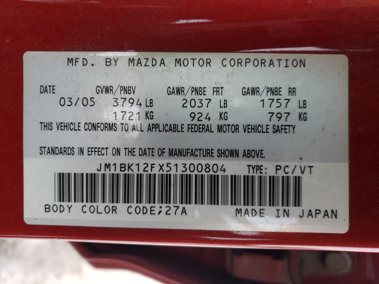 2005 Mazda 3 I VIN: JM1BK12FX51300804 Lot: 68972352