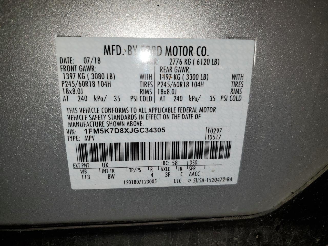 1FM5K7D8XJGC34305 FORD EXPLORER 2018