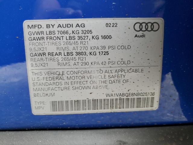 2022 AUDI E-TRON CHR WA1VABGE8NB025136