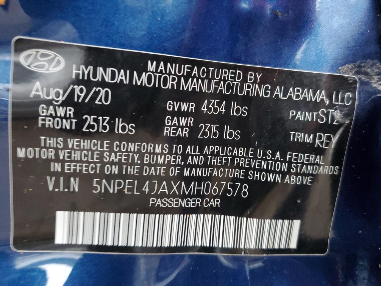 2021 Hyundai Sonata Sel VIN: 5NPEL4JAXMH067578 Lot: 67450382