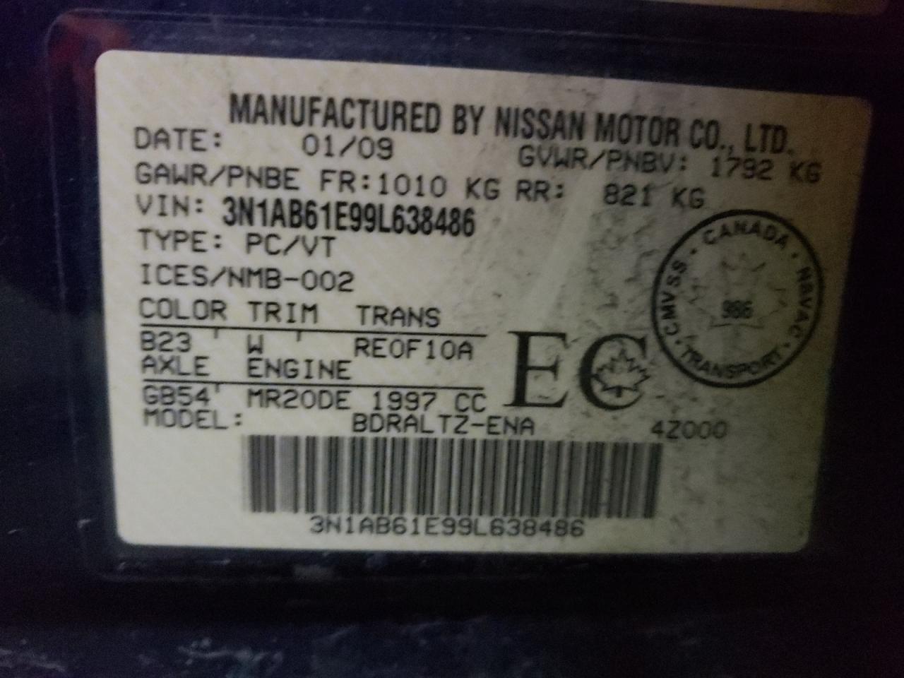 2009 Nissan Sentra 2.0 VIN: 3N1AB61E99L638486 Lot: 69056012