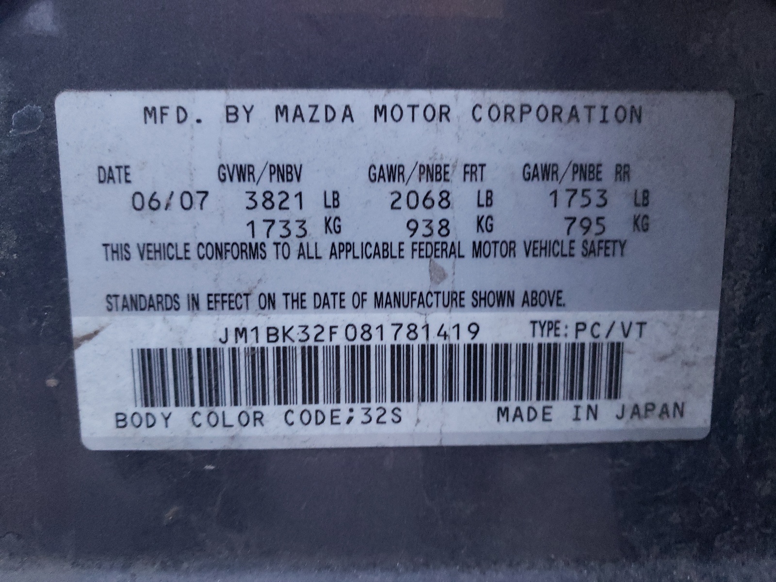 JM1BK32F081781419 2008 Mazda 3 I