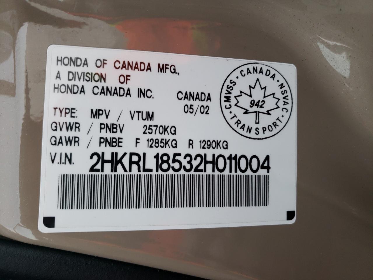 2002 Honda Odyssey Lx VIN: 2HKRL18532H011004 Lot: 68691842