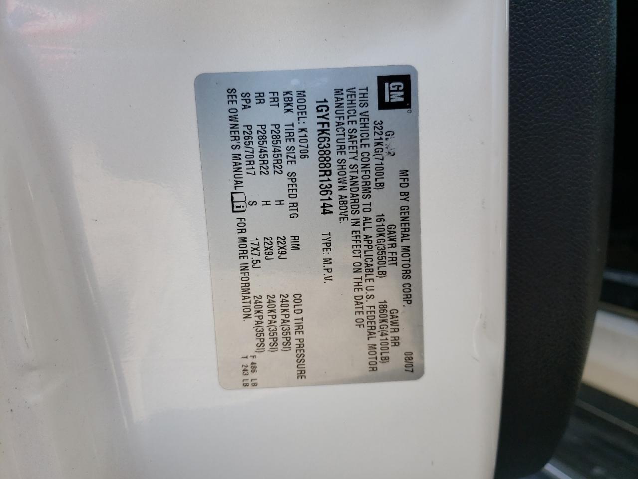 2008 Cadillac Escalade Luxury VIN: 1GYFK63888R136144 Lot: 68613322