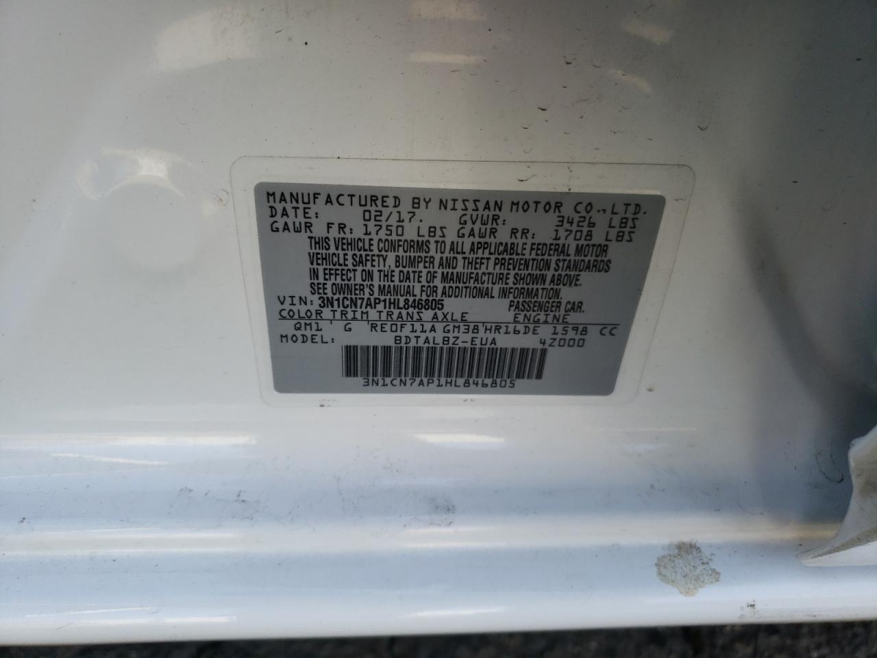 3N1CN7AP1HL846805 2017 Nissan Versa S