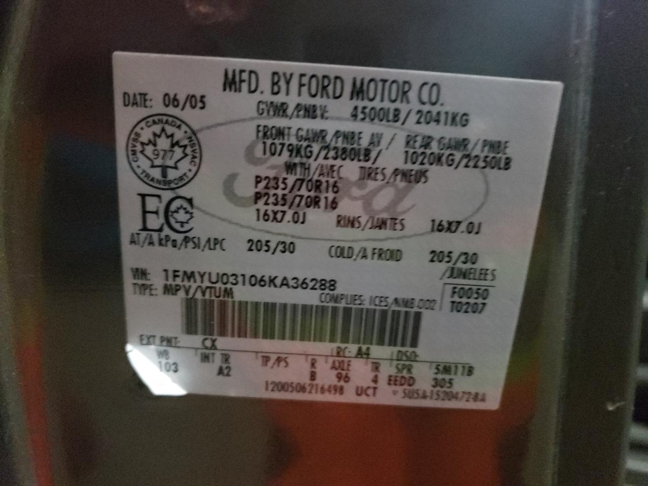 2006 Ford Escape Xlt VIN: 1FMYU03106KA36288 Lot: 68901622