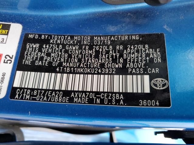 2019 TOYOTA CAMRY L - 4T1B11HK0KU243932