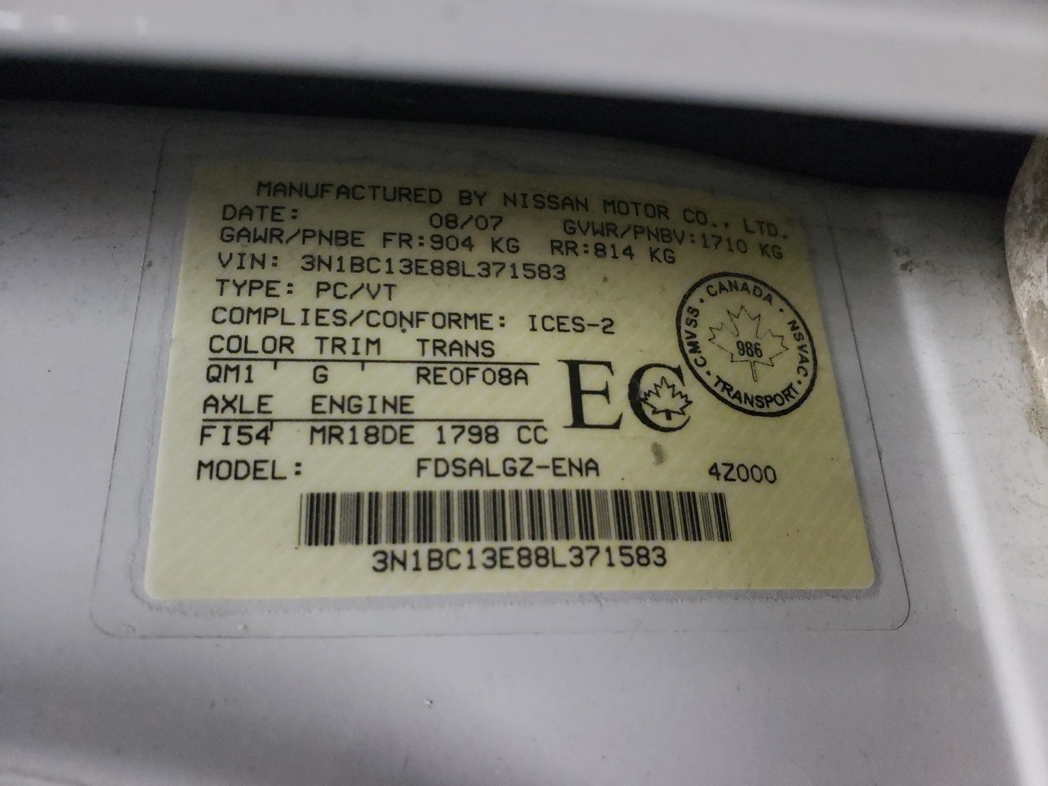 3N1BC13E88L371583 2008 Nissan Versa S