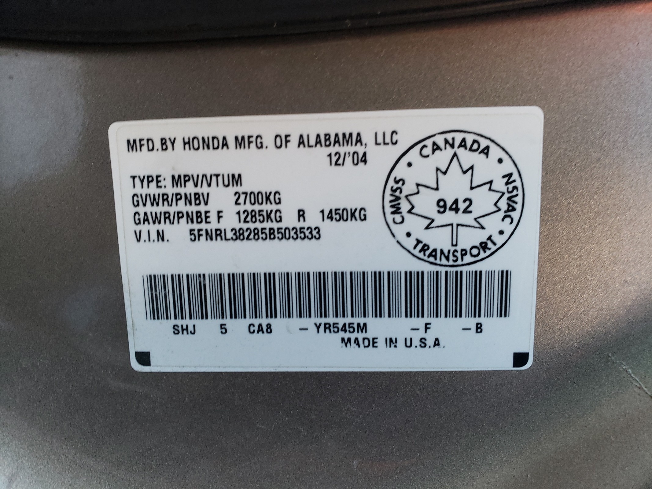 5FNRL38285B503533 2005 Honda Odyssey Lx