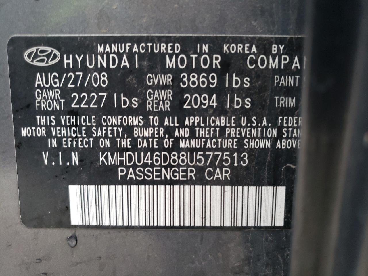 KMHDU46D88U577513 2008 Hyundai Elantra Gls