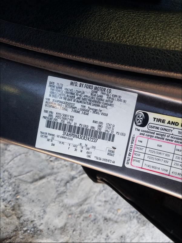 2012 FORD FUSION SE 3FAHP0HA3CR242237