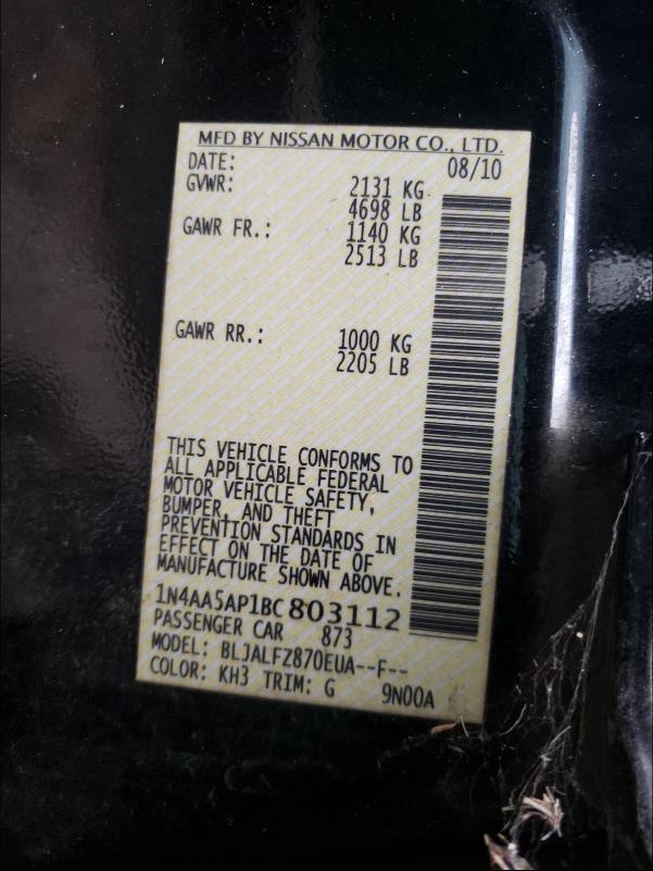 2011 NISSAN MAXIMA S 1N4AA5AP1BC803112