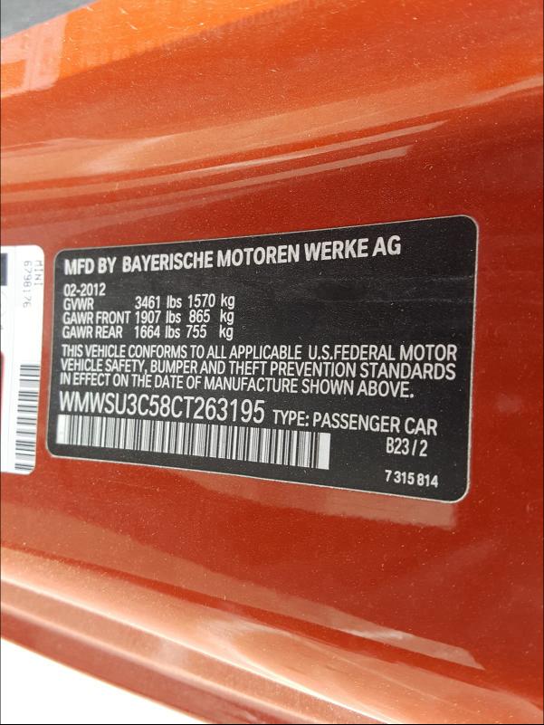 2012 MINI COOPER WMWSU3C58CT263195