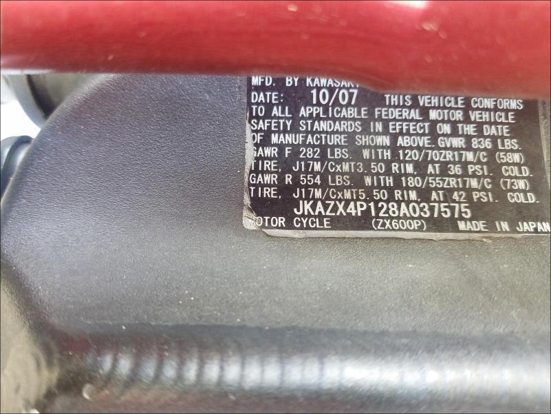 2008 KAWASAKI ZX600P JKAZX4P128A037575