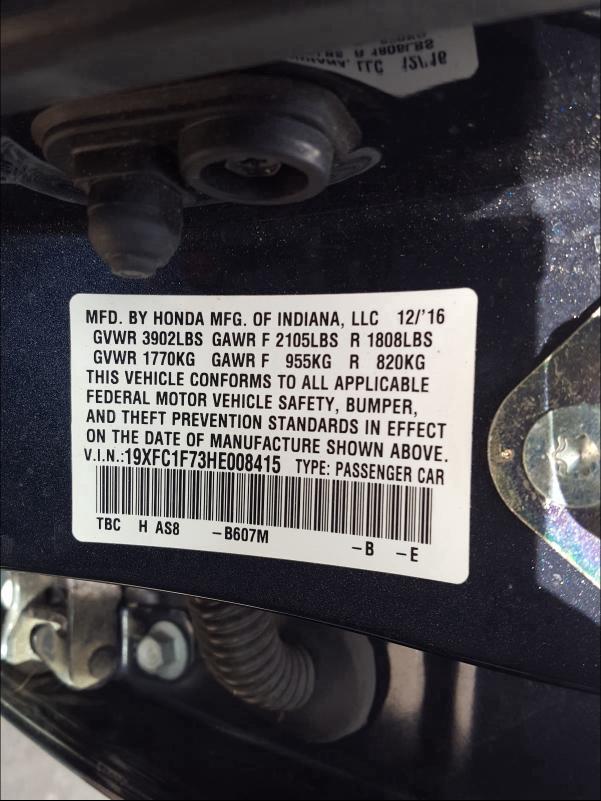 2017 HONDA CIVIC EXL 19XFC1F73HE008415