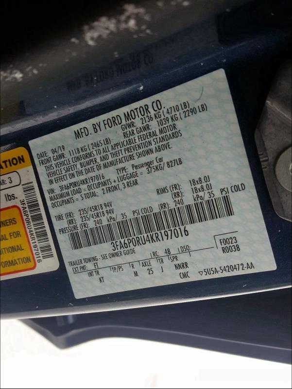 2019 FORD FUSION TIT 3FA6P0RU4KR197016