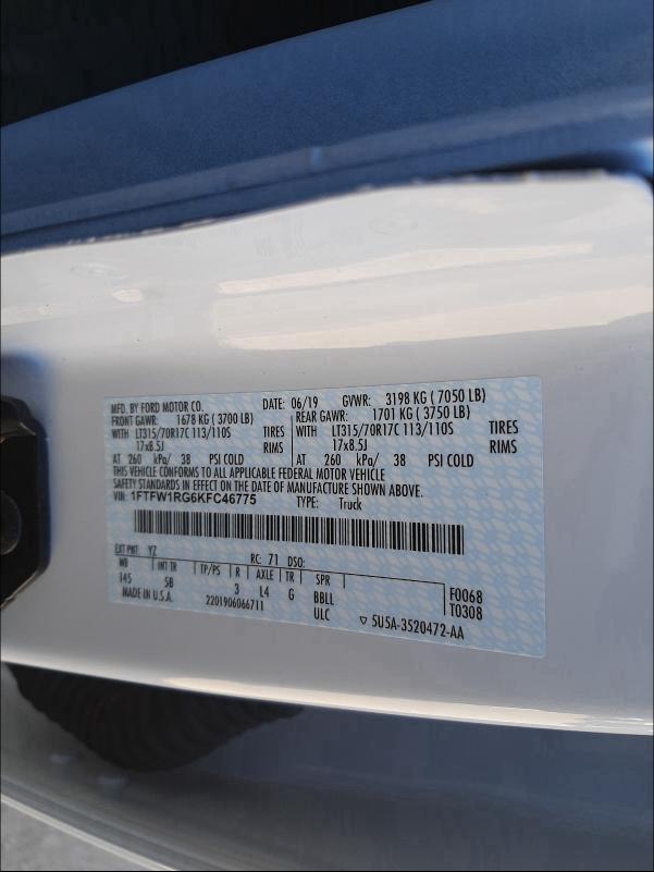 2019 FORD F150 RAPTO 1FTFW1RG6KFC46775