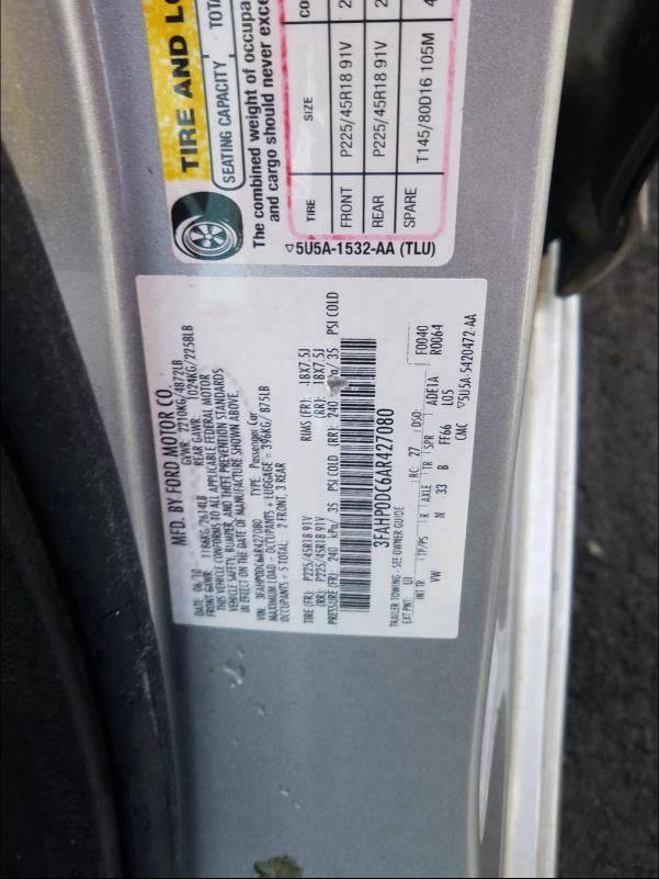 2010 FORD FUSION SPO 3FAHP0DC6AR427080