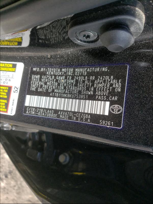 2019 TOYOTA CAMRY L 4T1B11HK8KU753851