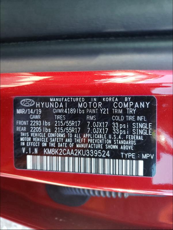 2019 HYUNDAI KONA SEL KM8K2CAA2KU339524