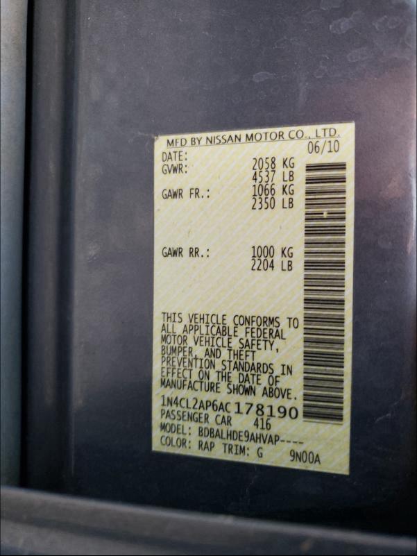 2010 NISSAN ALTIMA HYB 1N4CL2AP6AC178190