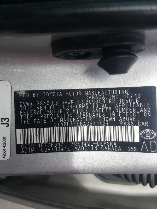 2010 TOYOTA COROLLA BA 2T1BU4EE8AC511424