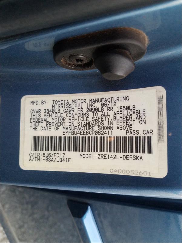 2012 TOYOTA COROLLA BA - 5YFBU4EE6CP062411