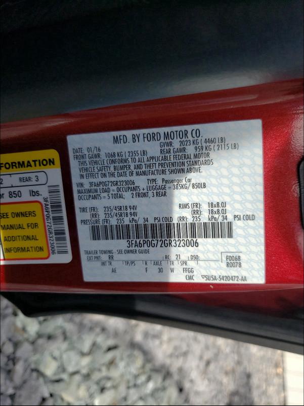 2016 FORD FUSION S 3FA6P0G72GR323006