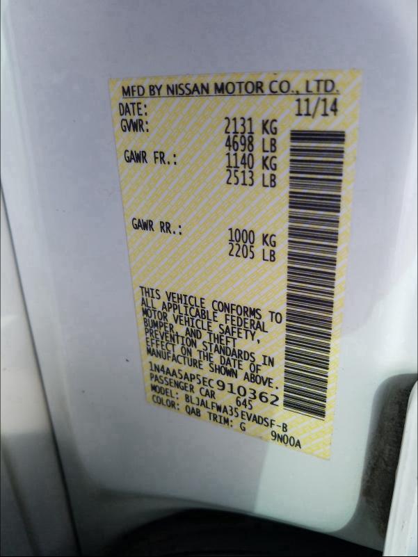 2014 NISSAN MAXIMA S 1N4AA5AP5EC910362