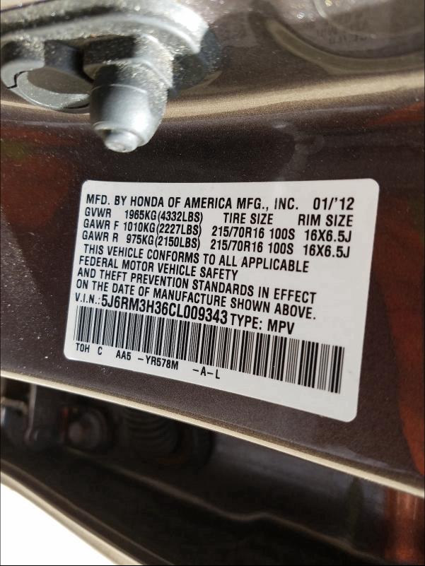 2012 HONDA CR-V LX 5J6RM3H36CL009343