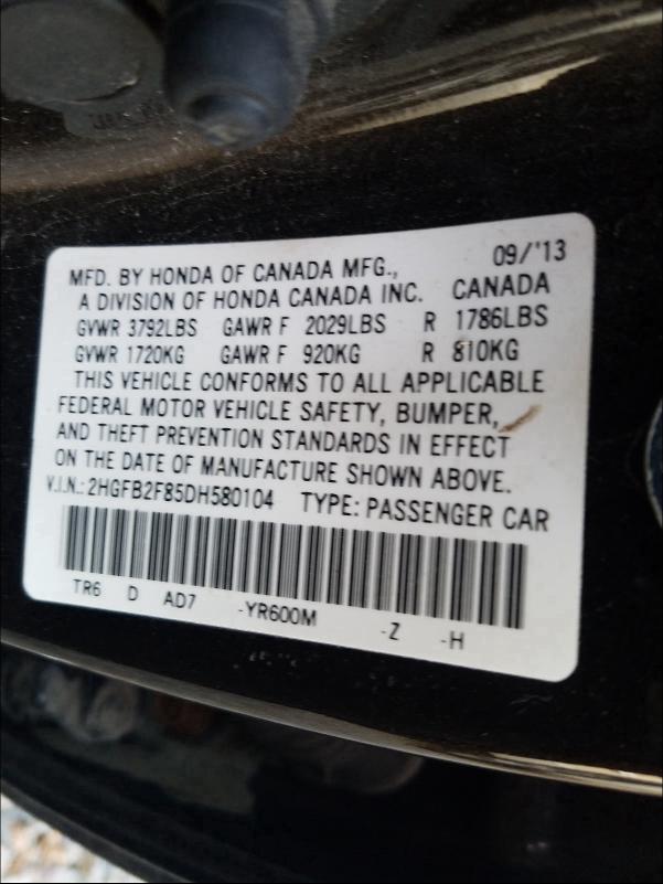 2013 HONDA CIVIC EX 2HGFB2F85DH580104
