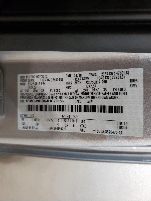 2018 FORD ESCAPE SEL 1FMCU9HD6JUC29186