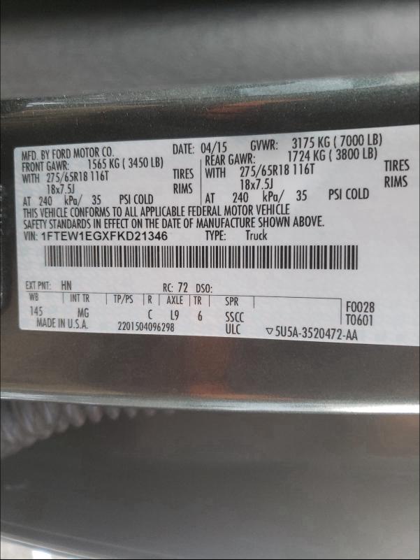 1FTEW1EGXFKD21346 2015 Ford F150 Super 3.5L
