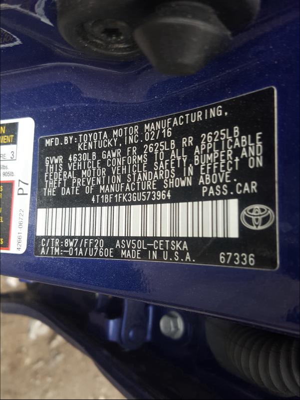 2016 TOYOTA CAMRY LE 4T1BF1FK3GU573964