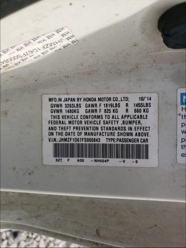 2015 HONDA CR-Z EX JHMZF1D67FS000843