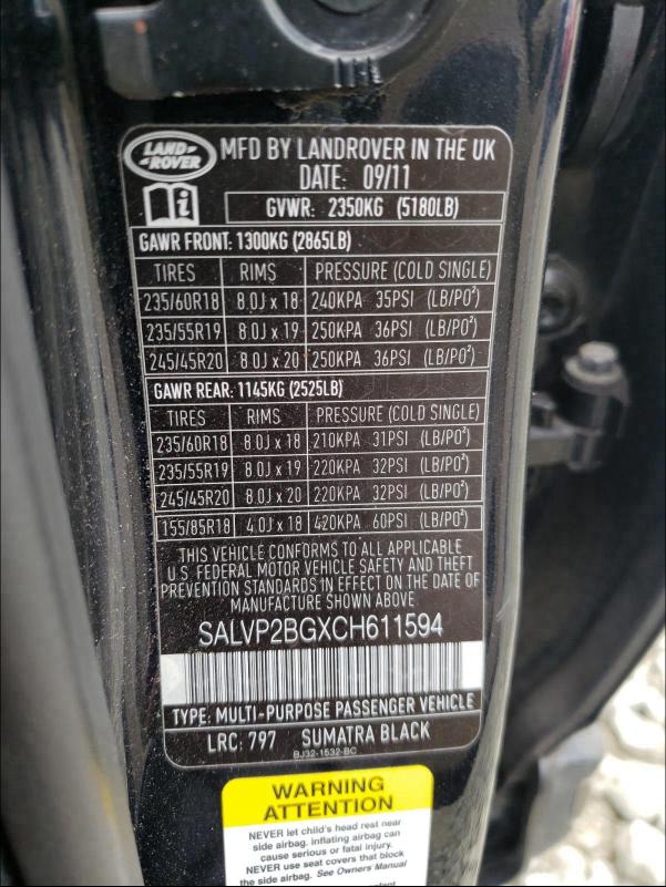 2012 LAND ROVER RANGE ROVE SALVP2BGXCH611594