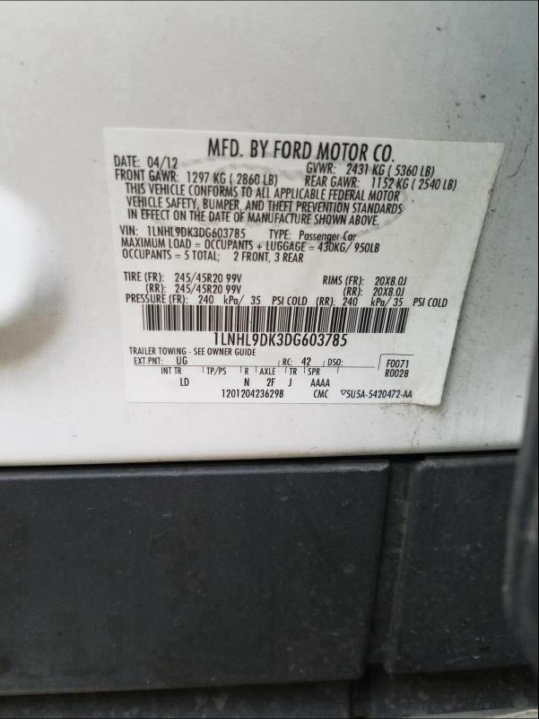 2013 LINCOLN MKS 1LNHL9DK3DG603785
