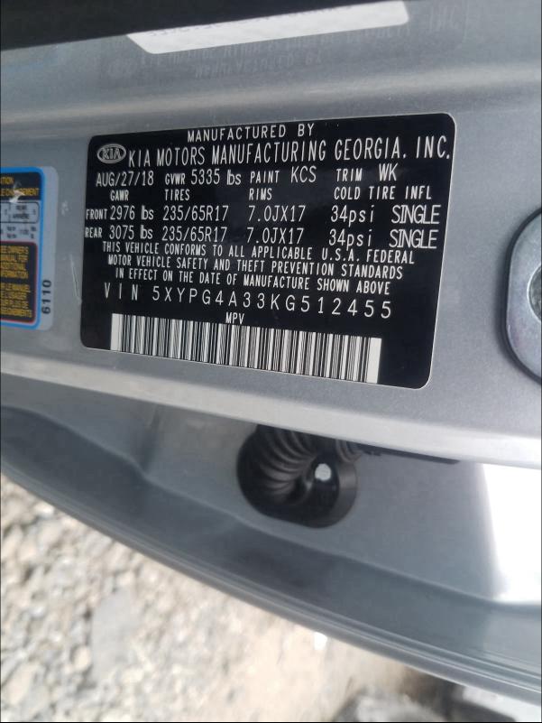 2019 KIA SORENTO L 5XYPG4A33KG512455