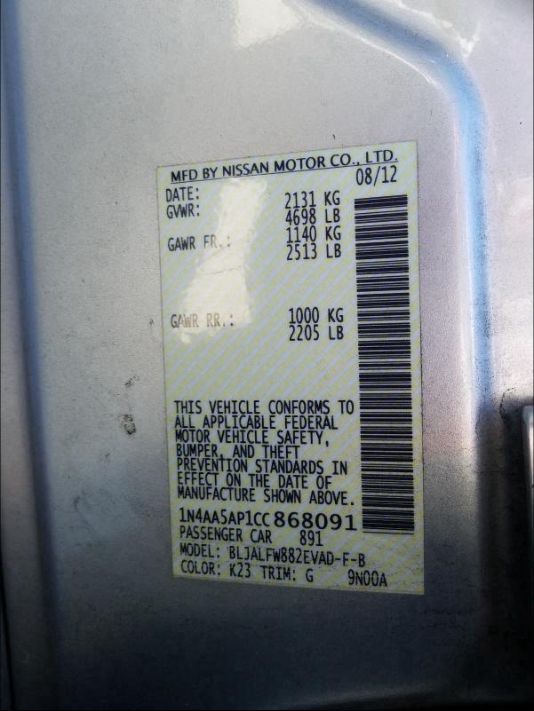 2012 NISSAN MAXIMA S 1N4AA5AP1CC868091