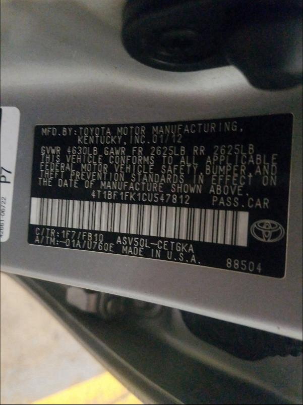 2012 TOYOTA CAMRY BASE 4T1BF1FK1CU547812