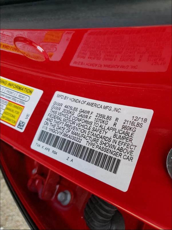 2019 HONDA ACCORD SPO 1HGCV1F36KA030222