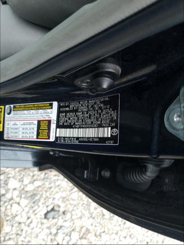 2012 TOYOTA CAMRY BASE 4T4BF1FK6CR240383