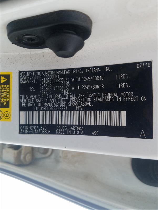 2016 TOYOTA HIGHLANDER 5TDJKRFH3GS312224