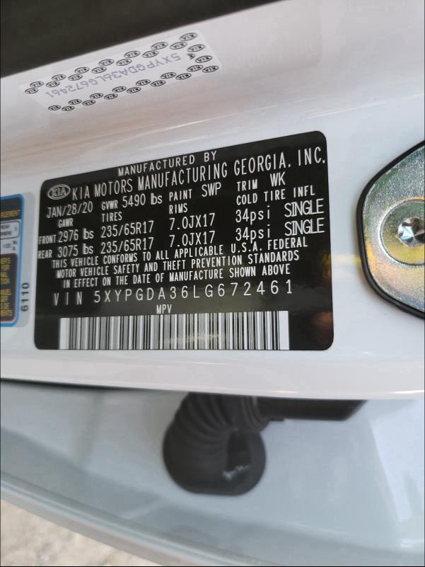 2020 KIA SORENTO L 5XYPGDA36LG672461