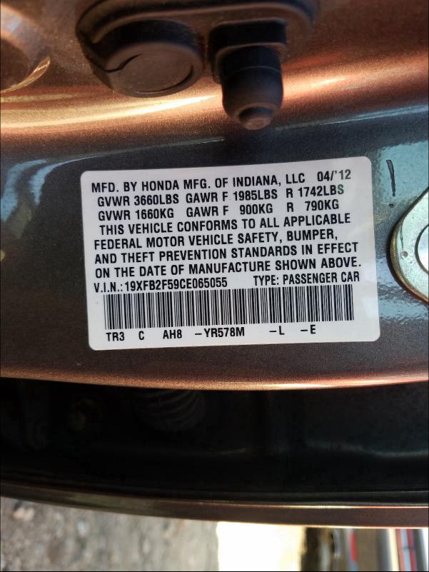 2012 HONDA CIVIC LX 19XFB2F59CE065055